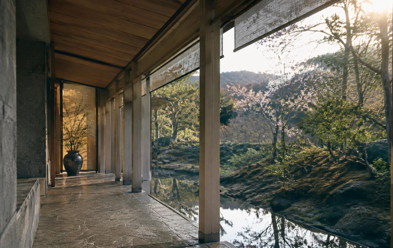 A quiet Japanese ryokan opening onto a spring garden